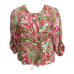 Ruby Rd Womens Leaf Tropical Print Tie Front Top Quarter Sleeve Roll Tab Size 16
